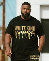 Big & Tall Men's Golden Graffiti White King Alphabet Print Round Neck Short Sleeve T-Shirt Shorts Suit